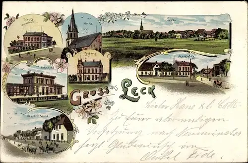 Litho Leck in Nordfriesland, Schule, Kirche, Postamt, Bahnhof, Marktplatz, Hauptstraße