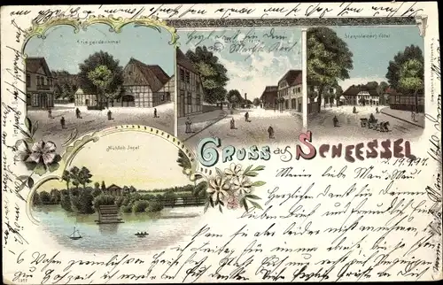 Litho Scheeßel in Niedersachsen, Kriegerdenkmal, Große Straße, Stamleder's Hotel, Mühleninsel