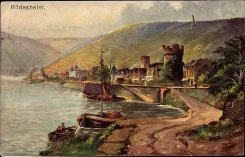 Künstler Ak Rüdesheim am Rhein Hessen, Panorama mit Adlerturm, Niederwald Nationaldenkmal