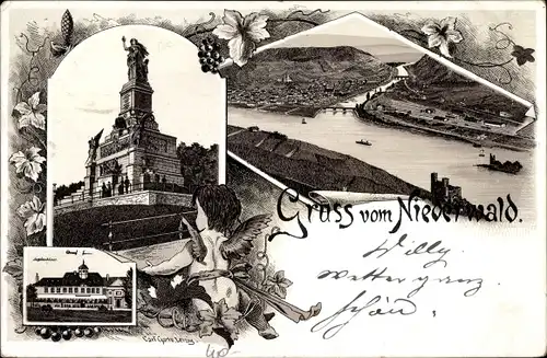 Litho Rüdesheim am Rhein in Hessen, Panorama, Niederwalddenkmal, Jagdschloss
