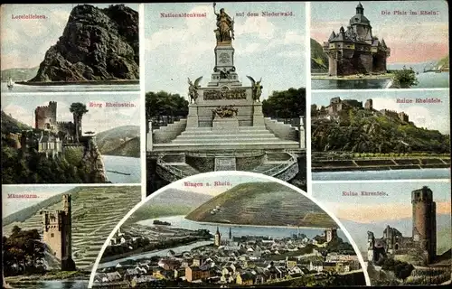 Ak Rüdesheim am Rhein, Niederwald Nationaldenkmal, Bingen, Mäseturm, Ehrenfels, Rheinstein, Pfalz