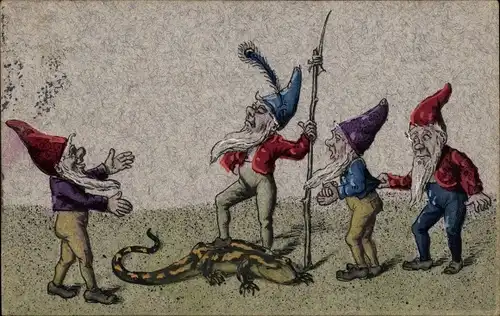 Künstler Ak Zwerge mit Speer, Eidechse