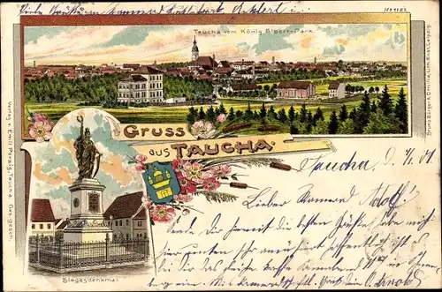 Litho Taucha in Nordsachsen, Gesamtansicht vom König Albert Park aus, Siegesdenkmal