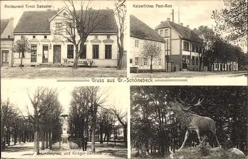 Ak Groß Schönebeck Schorfheide, Restaurant Ernst Daeseler, Post, Lindenplatz, Kriegerdenkmal, Hirsch