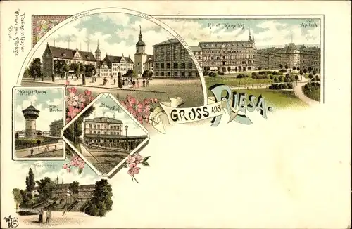 Litho Riesa an der Elbe Sachsen, Hotel Kaiserhof, Cafe Apitzch, Rathaus, Kirche, Hotel Höpfner