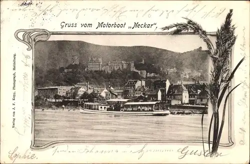 Passepartout Ak Heidelberg am Neckar, Motorboot Neckar, Schloss