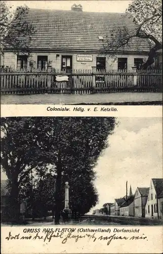 Ak Flatow Kremmen in der Mark, Kolonialwarengeschäft E. Ketzlin, Dorfstraße, Denkmal