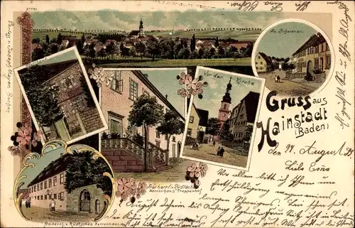 Litho Hainstadt Buchen im Odenwald Baden, Gesamtansicht, Kirche, Herrenhaus, Pfarrhaus, Schwanen