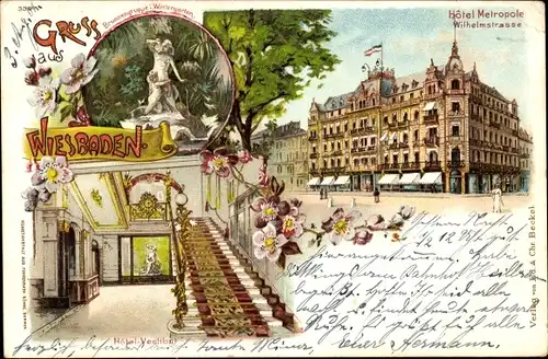 Litho Wiesbaden in Hessen, Hotel Metropole, Wilhelmstraße, Brunnengruppe im Wintergarten