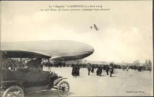 Ak Lunéville Lothringen Meurthe et Moselle, Dirigéable allemand, Zeppelin, Avion francais