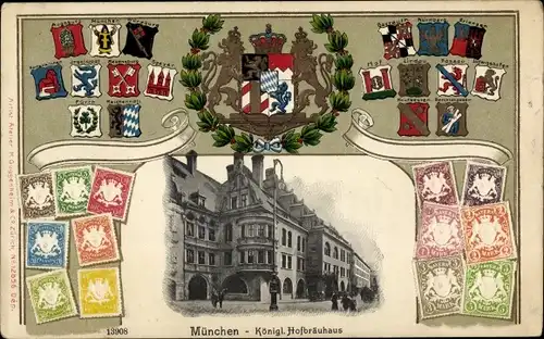 Präge Briefmarken Wappen Ak München Bayern, Kgl. Hofbräuhaus