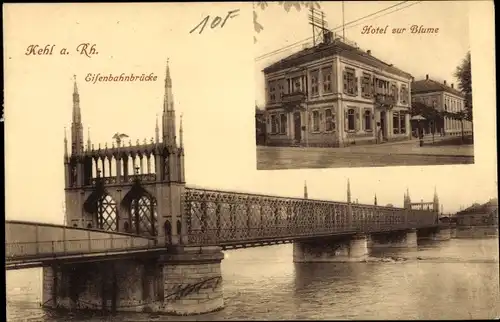 Ak Kehl am Rhein, Eisenbahnbrücke, Hotel zur Blume