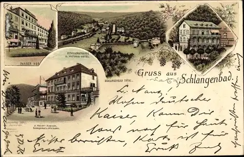 Litho Schlangenbad im Taunus Hessen, Victoria Hotel, Eltvillerstraße, Pariser Hof