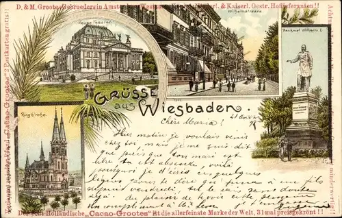 Litho Wiesbaden in Hessen, Theater, Ringkirche, Denkmal Wilhelm I