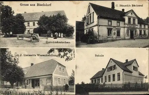 Ak Biskupin Bischdorf Chojnów Haynau Schlesien, Gerichtskretscham, Bäckerei, Schule, Warenhandlung