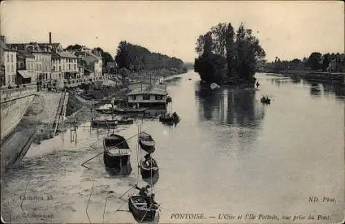 Ak Pontoise Val d'Oise, l'Oise, l'Ile Pothuis, vue prise du Pont