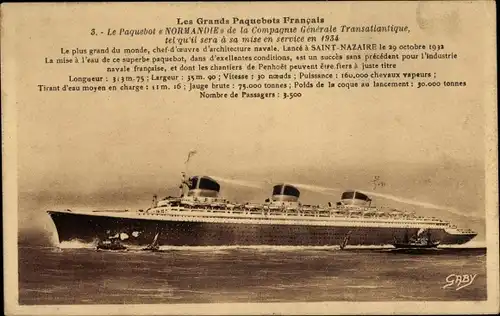 Ak Paquebot Normandie, CGT, französische Linie