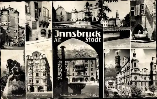Ak Innsbruck in Tirol, Ottoburg, Leopoldsbrunnen und Holburg, Alte Innbrücke, Stadtbrunnen