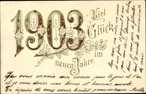 Präge Litho Glückwunsch Neujahr 1903, Blumen, Glücksklee