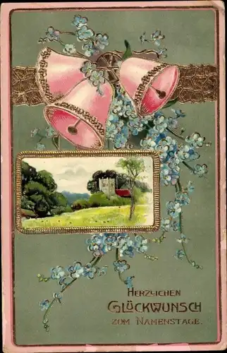Präge Ak Glückwunsch Namenstag, Glocken, Landschaft, Vergissmeinnicht