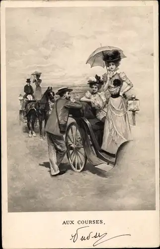 Ak Aux Courses, Ausflug, Frau mit Sonnenschirm, Kutschen