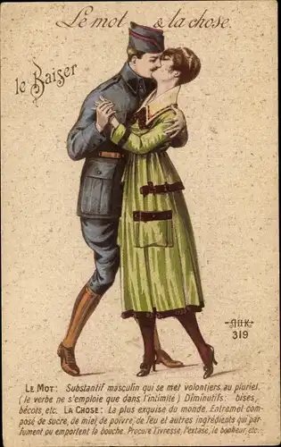 Ak Französischer Soldat mit Frau, Soldatenliebe, Kuss
