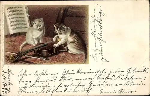 Litho Zwei kleine Katzen mit Violine