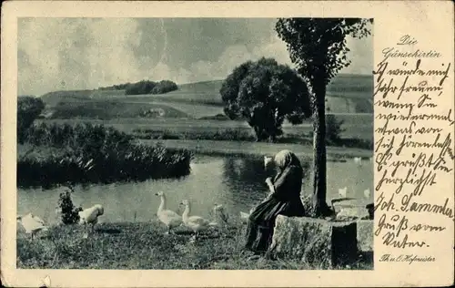 Ak Die Gänsehirtin am Flussufer