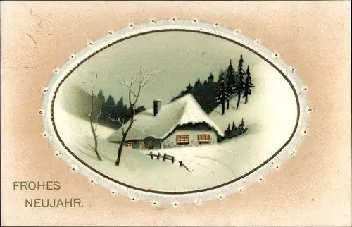Passepartout Ak Glückwunsch Neujahr, Winterlandschaft, schneebedecktes Haus