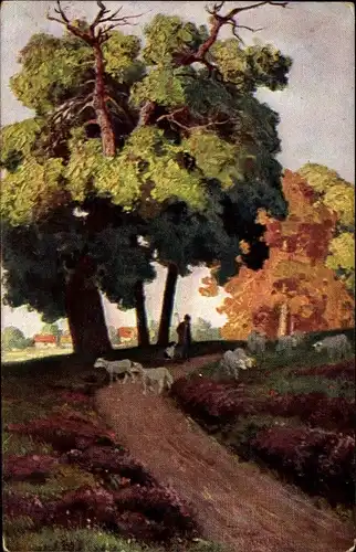 Künstler Ak Schäfer mit Schafen, Landschaft