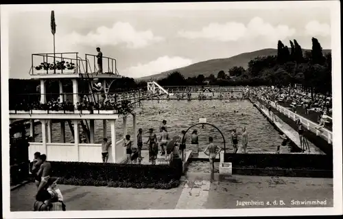 Ak Jugenheim an der Bergstraße Hessen, Schwimmbad, Sprungturm, Rutsche, Badegäste