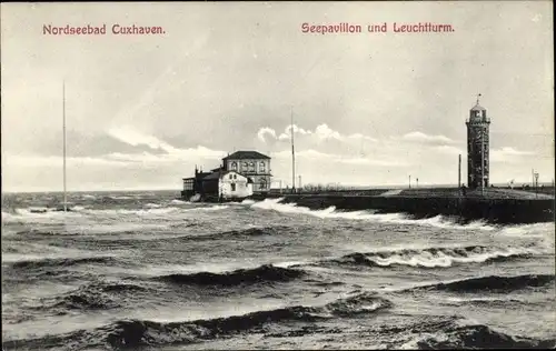 Ak Cuxhaven, Seepavillon und Leuchtturm, Wellengang