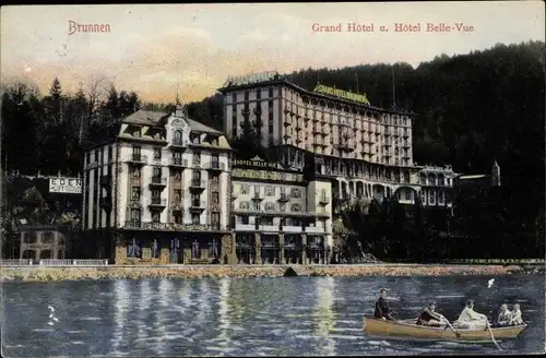 Ak Brunnen Kt Schwyz, Grand Hotel und Hotel Belle Vue, Boot