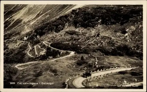 Ak Geiranger Norwegen, Fra veisvingene, Gesamtansicht