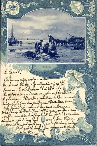 Passepartout Ak Personen in niederländischen Trachten am Strand