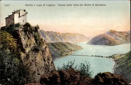 Ak Melide Lago di Lugano Kanton Tessin, Veduta dalla vetta del Monte S. Salvatore