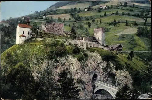 Ak Obervellach in Kärnten, Burg Falkenstein, Ruine Oberfalkenstein, Tauernbahn, Gratschacher Viadukt