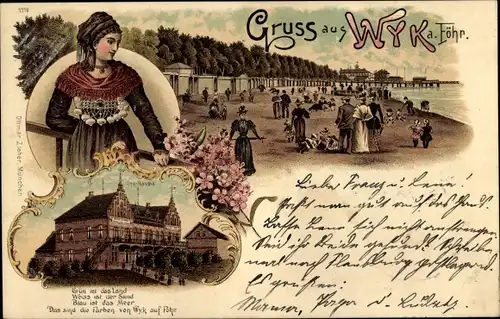 Litho Wyk auf Föhr Nordfriesland, Strand, Seehospiz, Frau in Tracht