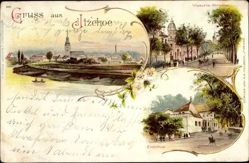 Litho Itzehoe in Holstein, Victoria-Straße, Eichtal, Panorama, Kirche