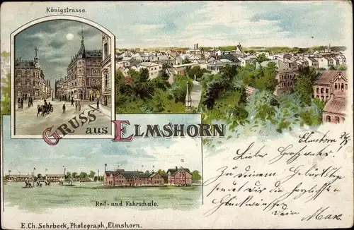 Litho Elmshorn in Holstein, Königstraße, Totalansicht, Reit- und Fahrschule