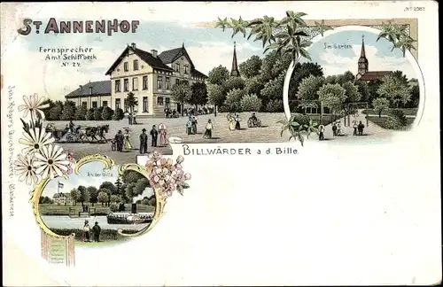 Litho Hamburg Bergedorf Billwerder, Gasthaus St. Annenhof, Garten, Bille