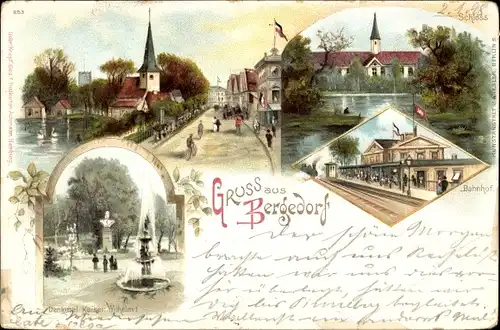 Litho Hamburg Bergedorf, Schloss, Bahnhof, Gleisseite, Denkmal Kaiser Wilhelm I, Straßenpartie