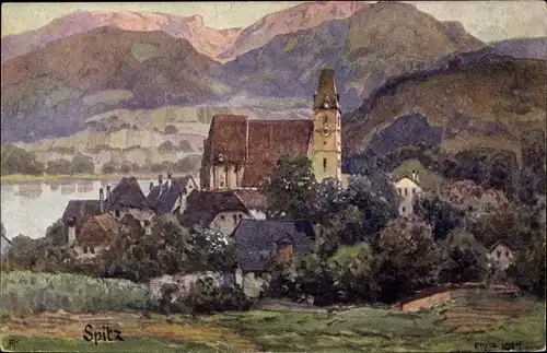 Künstler Ak Lach, F., Spitz Niederösterreich, Blick auf den Ort, Kirche, Berge, Nibelungenweg