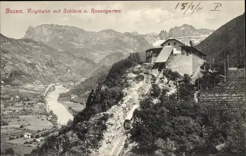 Ak Bozen Bolzano Südtirol, Virglbahn mit Schlern und Rosengarten