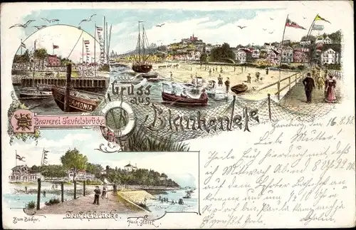 Litho Hamburg Altona Blankenese, Brauerei, Teufelsbrücke, Parkhotel, Strand