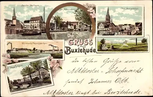 Litho Buxtehude, Marachtor, Mühlenstrom, Mencks Fährhaus, Wintersche Papierfabrik