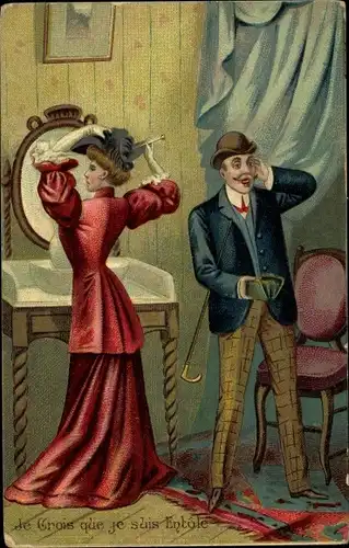Litho Mann ist pleite, Frau rückt ihren Hut zurecht