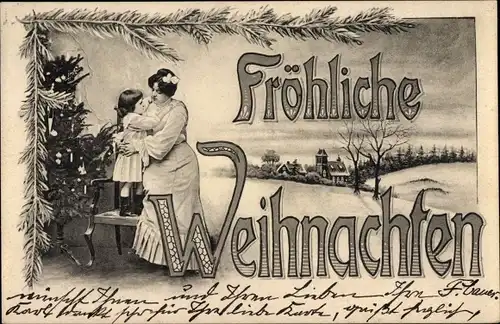 Ak Glückwunsch Weihnachten, Mutter mit Kind, Tannenbaum, Winterlandschaft, Kirche