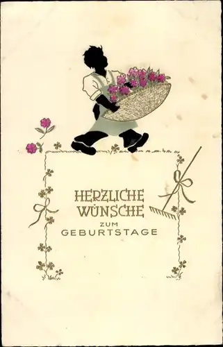 Ak Glückwunsch Geburtstag, Mann mit Blumenkorb