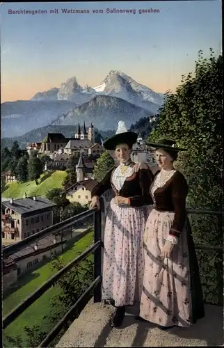 Ak Berchtesgaden in Oberbayern, Watzmann, Blick vom Salinenweg, Volkstrachten